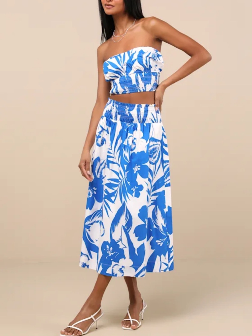 Lulu's Blue and White Strapless Tropical Two-Piece Dress